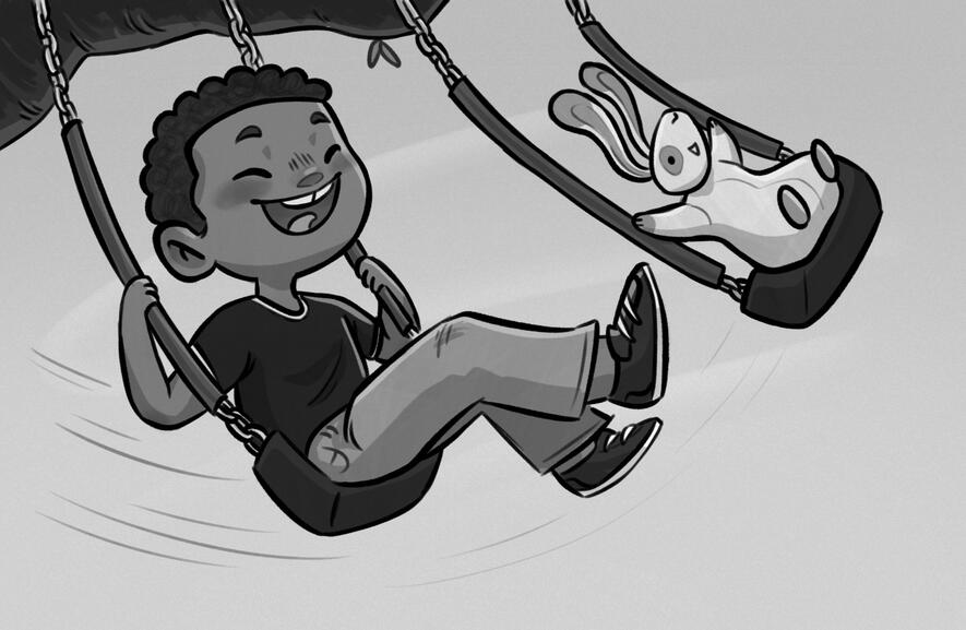 A boy and his toy rabbit swing on a swingset. The text reads: "From that point on, the boy and his rabbit were inseparable. Where ever the boy went, his toy rabbit surely followed."
