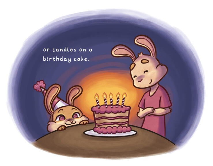 A spot illustration depicting a family of rabbits celebrating a birthday from my book, Boots the Firehouse Mouse. The text has a continuation of the previous page, saying "...or candles on a birthday cake"