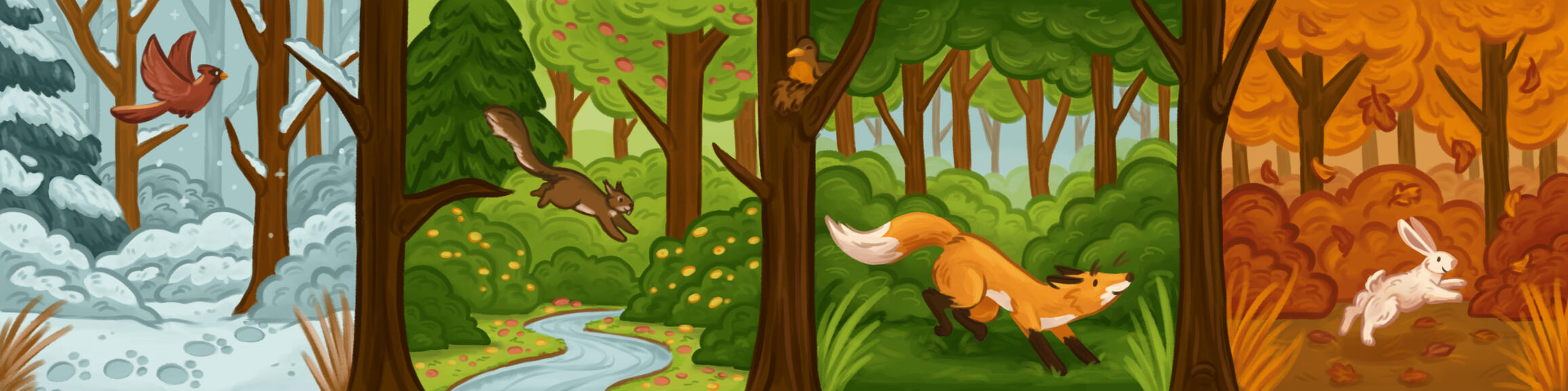 Four forest scenes are shown in a long line, separated by the branches of the trees. The order goes Winter, Spring, Summer, and Autumn. The winter scene depicts a cardinal flying through a snowy forest. The spring scene shows a squirrel leaping from a bran