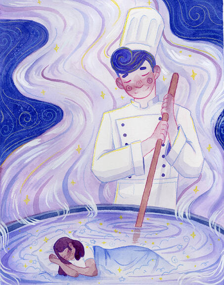 A dreamy scene depicting a chef in a swirling cloud of steam. He stirs a large pot, and within the pot you can see someone sleeping. Swirling patterns fill the background, with stars reflecting around them.