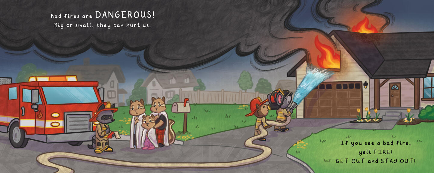 A spread from Boots the Firehouse Mouse- Good Fires, Bad Fires, depicting Boots and his crew extinguishing a house fire.