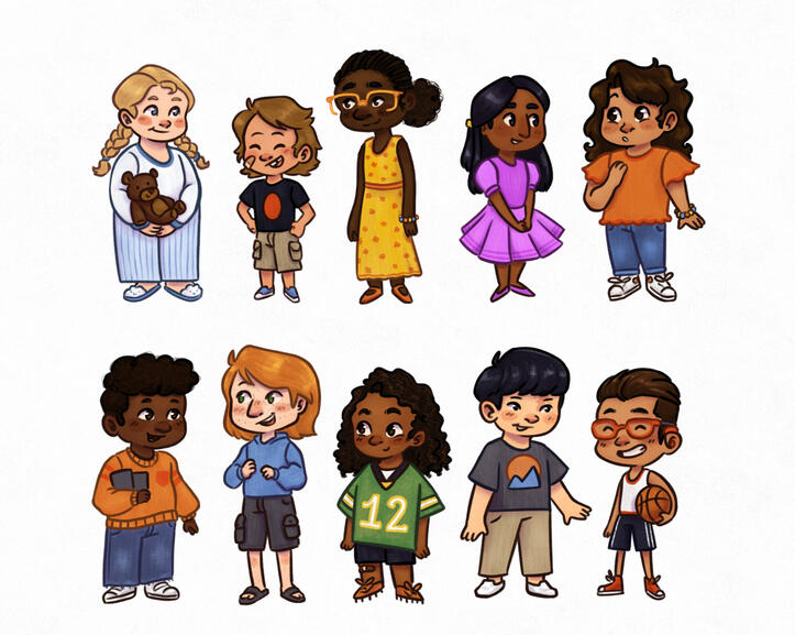 A variety of school children are shown in a line-up. On the top are 5 girls and on the bottom are 5 boys. Each has unique hair, skin tone, and clothing.