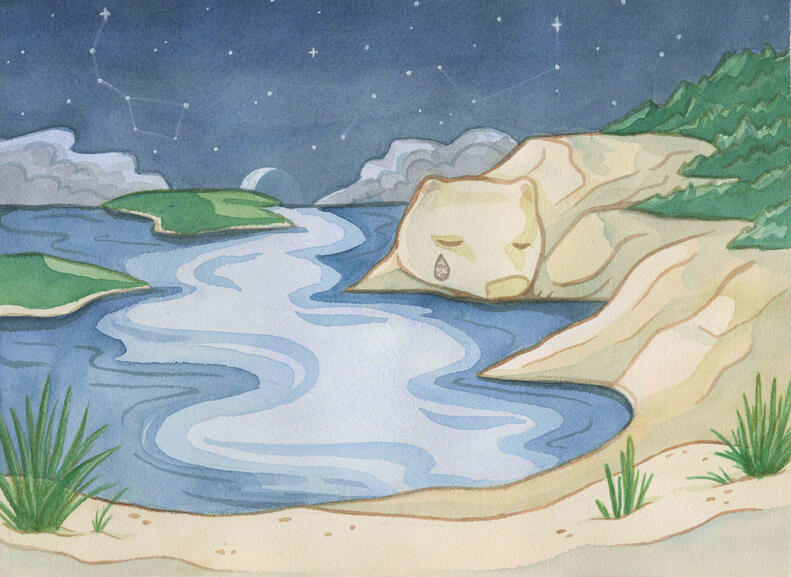 A watercolor painting depicting Sleeping Bear Dunes off the coast of Lake Michigan. You can see the shape of the bear in the dunes, as well as Ursa Major and Minor in the stars.