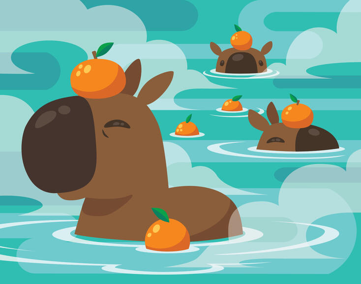 Three capybaras are shown wading in a hot spring, with oranges on their heads. Inspired by the Izu Shaboten Zoo in Japan.
