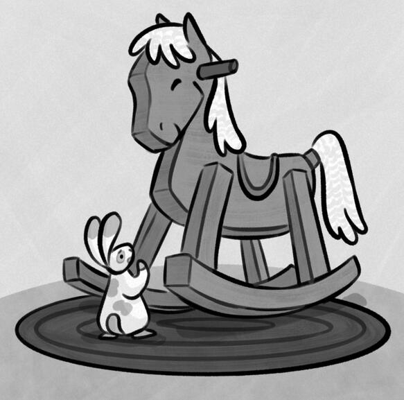 A plush toy rabbit talks to a large rocking horse. Text reads: "The rabbit went and met with the oldest toy in the nursery, a wise old rocking horse. The rabbit asked the rocking horse, "What does it mean to be real?"