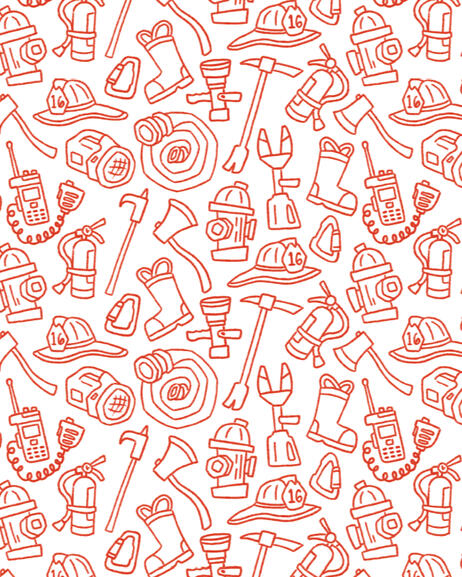 A firehouse themed repeating pattern tile, including gear such as helmets, extinguishers, fire axes, boots, flashlights, and more.